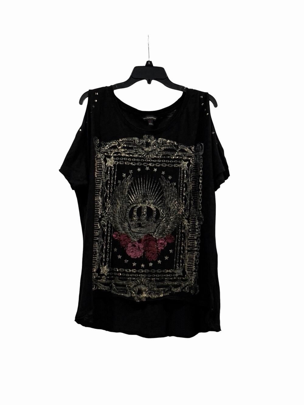 Rock & Republic Black Cold Shoulder Top Womens XL Roses Studded Rock
